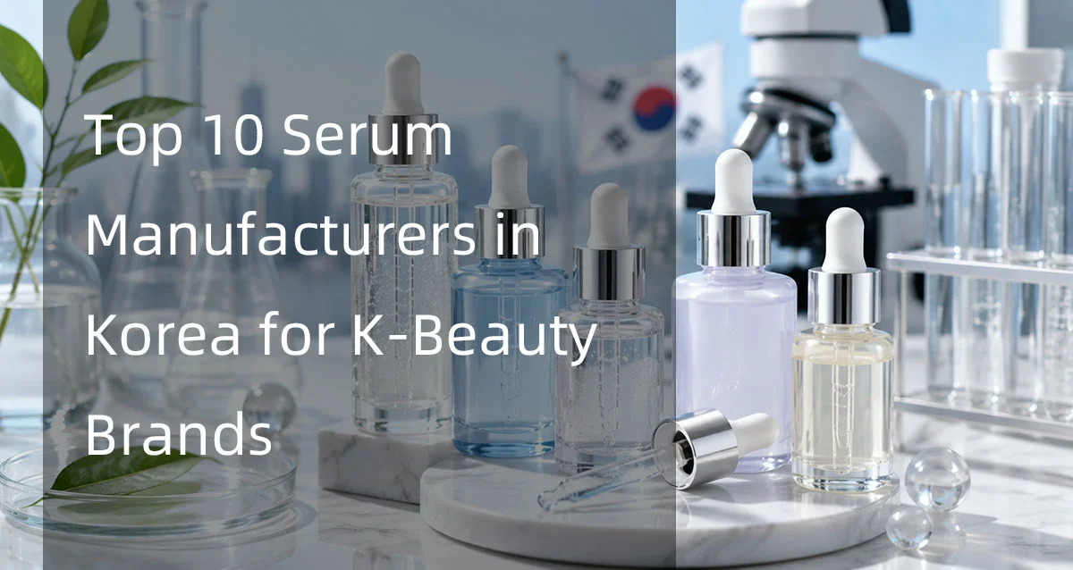 A display of skincare serums in glass dropper bottles on a marble surface with lab equipment and a Korean flag in the background. Includes the title 'Top 10 Serum Manufacturers in Korea for K-Beauty Brands'.